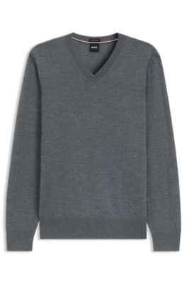 V-neck sweater in extra-fine merino wool, Grey