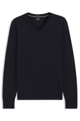 V-neck sweater in extra-fine merino wool, Dark Blue
