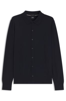 Virgin wool cardigan with a polo collar, Dark Blue