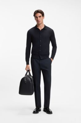 Virgin wool cardigan with a polo collar, Dark Blue