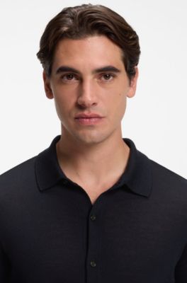 Virgin wool cardigan with a polo collar, Dark Blue