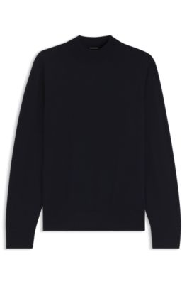 Mock-neck sweater in extra-fine merino wool, Dark Blue