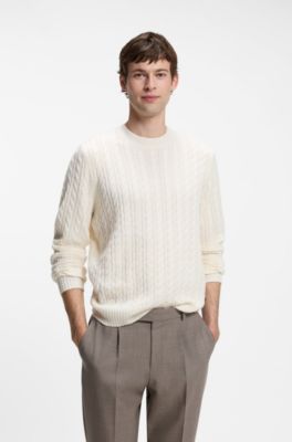 Cable-knit sweater in virgin wool and cashmere, White