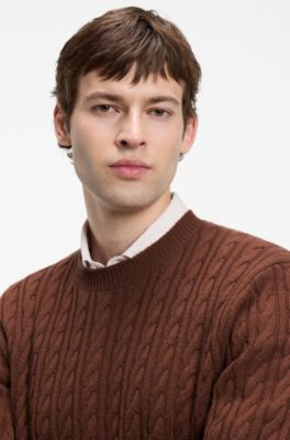 Cable-knit sweater in virgin wool and cashmere, Brown