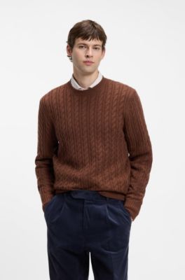 Cable-knit sweater in virgin wool and cashmere, Brown