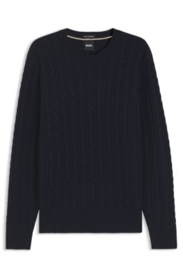 Cable-knit sweater in virgin wool and cashmere, Dark Blue