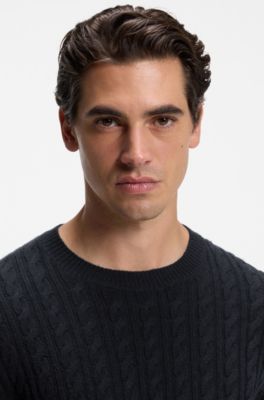 Cable-knit sweater in virgin wool and cashmere, Dark Blue