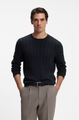 Cable-knit sweater in virgin wool and cashmere, Dark Blue