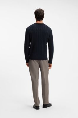 Cable-knit sweater in virgin wool and cashmere, Dark Blue