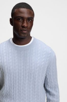 Cable-knit sweater in virgin wool and cashmere, Light Blue
