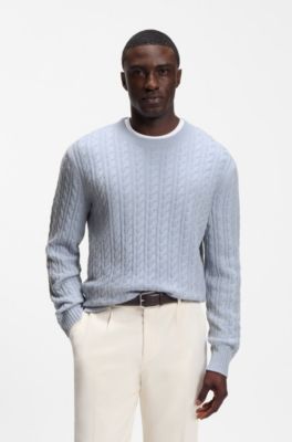 Cable-knit sweater in virgin wool and cashmere, Light Blue