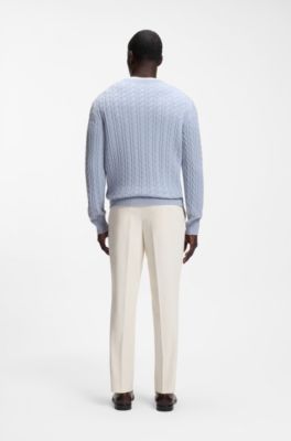 Cable-knit sweater in virgin wool and cashmere, Light Blue