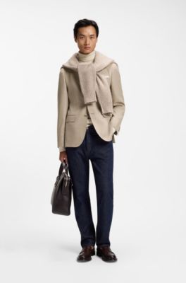 Regular-fit blazer in virgin wool with silk, Light Beige