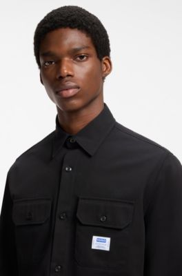Oversized-fit cotton shirt with chest flap pockets, Black
