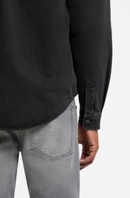 Oversized-fit denim shirt in medium-weight cotton, Dark Grey