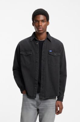 Oversized-fit denim shirt in medium-weight cotton, Dark Grey