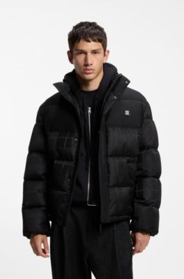 Water-repellent puffer jacket with jacquard check pattern, Black