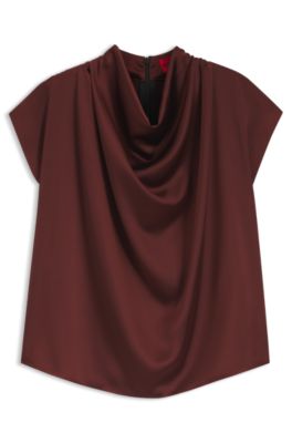 Satin top with draped neckline, Brown