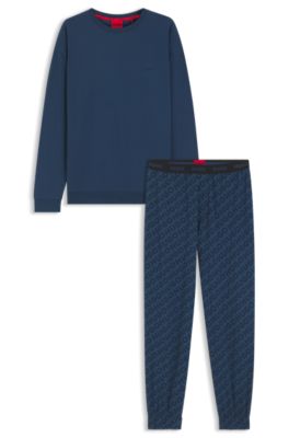 Pijama de algod&oacute;n el&aacute;stico con detalles de logos, Azul oscuro