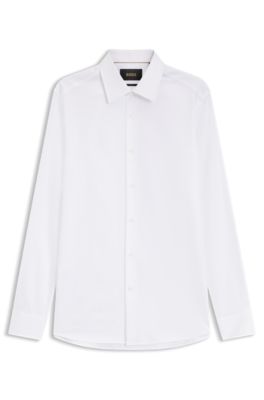 Camisa slim fit de algod&oacute;n microestructurado fabricado en Italia, Blanco