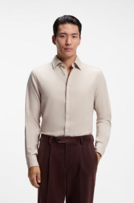 Camisa slim fit de franela de mezcla de algod&oacute;n, Beige claro