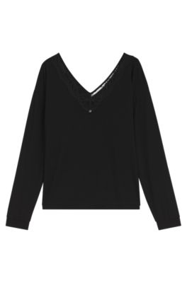 Long-sleeve pajama top with lace neckline, Black