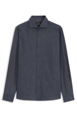 Slim-fit shirt in denim with cashmere, Dark Blue