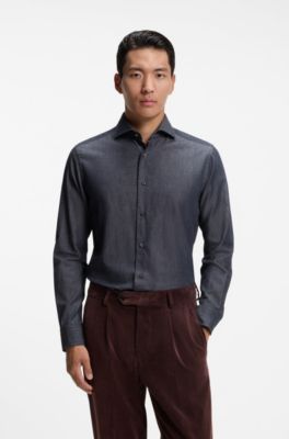 Slim-fit shirt in denim with cashmere, Dark Blue