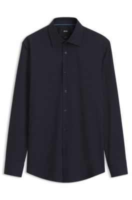 Camisa slim fit de algod&oacute;n el&aacute;stico de planchado f&aacute;cil, Azul oscuro
