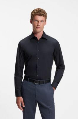 Slim-fit shirt in easy-iron stretch cotton, Dark Blue