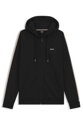 Cotton full-zip hoodie with striped sleeves, Black