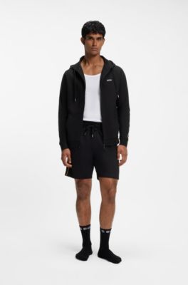 Cotton full-zip hoodie with striped sleeves, Black