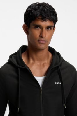 Cotton full-zip hoodie with striped sleeves, Black