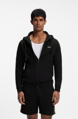 Cotton full-zip hoodie with striped sleeves, Black