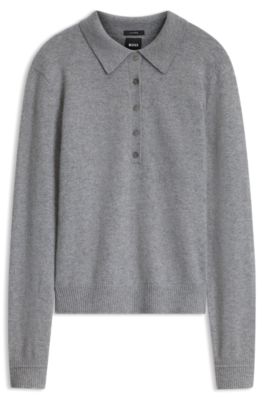 Jersey tipo polo de cashmere puro, Gris claro