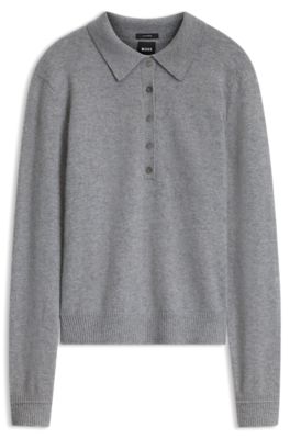 Jersey tipo polo de cashmere puro, Gris claro