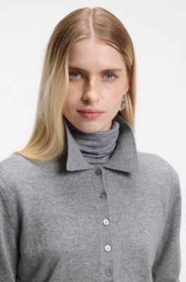 Jersey tipo polo de cashmere puro, Gris claro