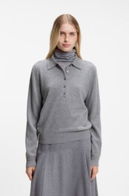 Jersey tipo polo de cashmere puro, Gris claro