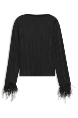 Top Slim &agrave; col montant avec d&eacute;tails en plumes, Noir