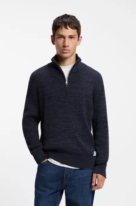 Relaxed-fit zipper-neck sweater with mouliné texture