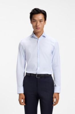 Slim-fit shirt in easy-iron structured stretch cotton, Light Blue