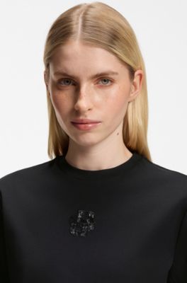 Camiseta de algod&oacute;n mercerizado con monograma Double B bordado con lentejuelas, Negro