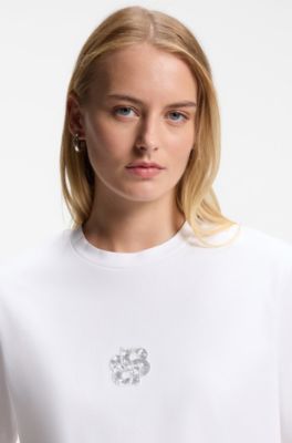 Mercerized-cotton T-shirt with sequin-embroidered Double B monogram, White