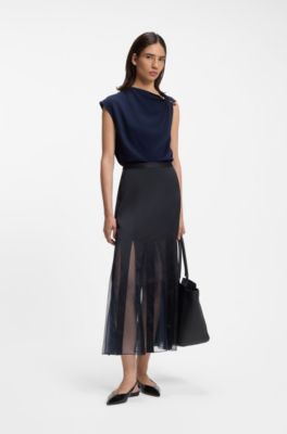 Satin slip skirt with transparent inserts, Dark Blue