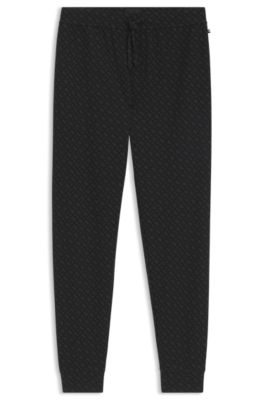 Cuffed pajama pants in monogram-print waffle fabric, Black
