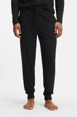 Cuffed pajama pants in monogram-print waffle fabric, Black