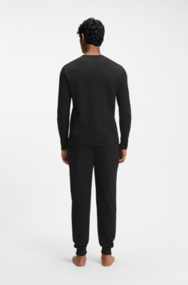 Parte superior de pijama en mezcla de algod&oacute;n con estructura de rejilla, Negro