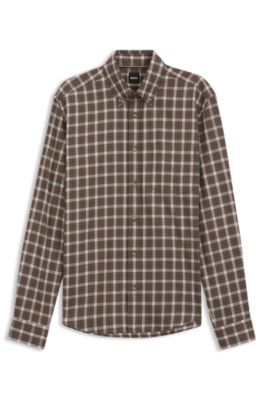 Regular-fit casual shirt in checked cotton flannel, Light Brown