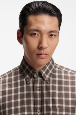 Regular-fit casual shirt in checked cotton flannel, Light Brown