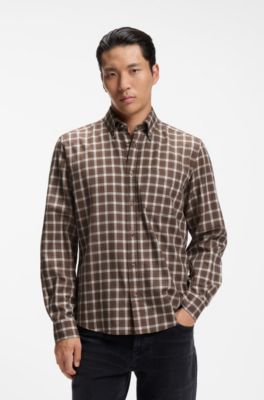 Regular-fit casual shirt in checked cotton flannel, Light Brown